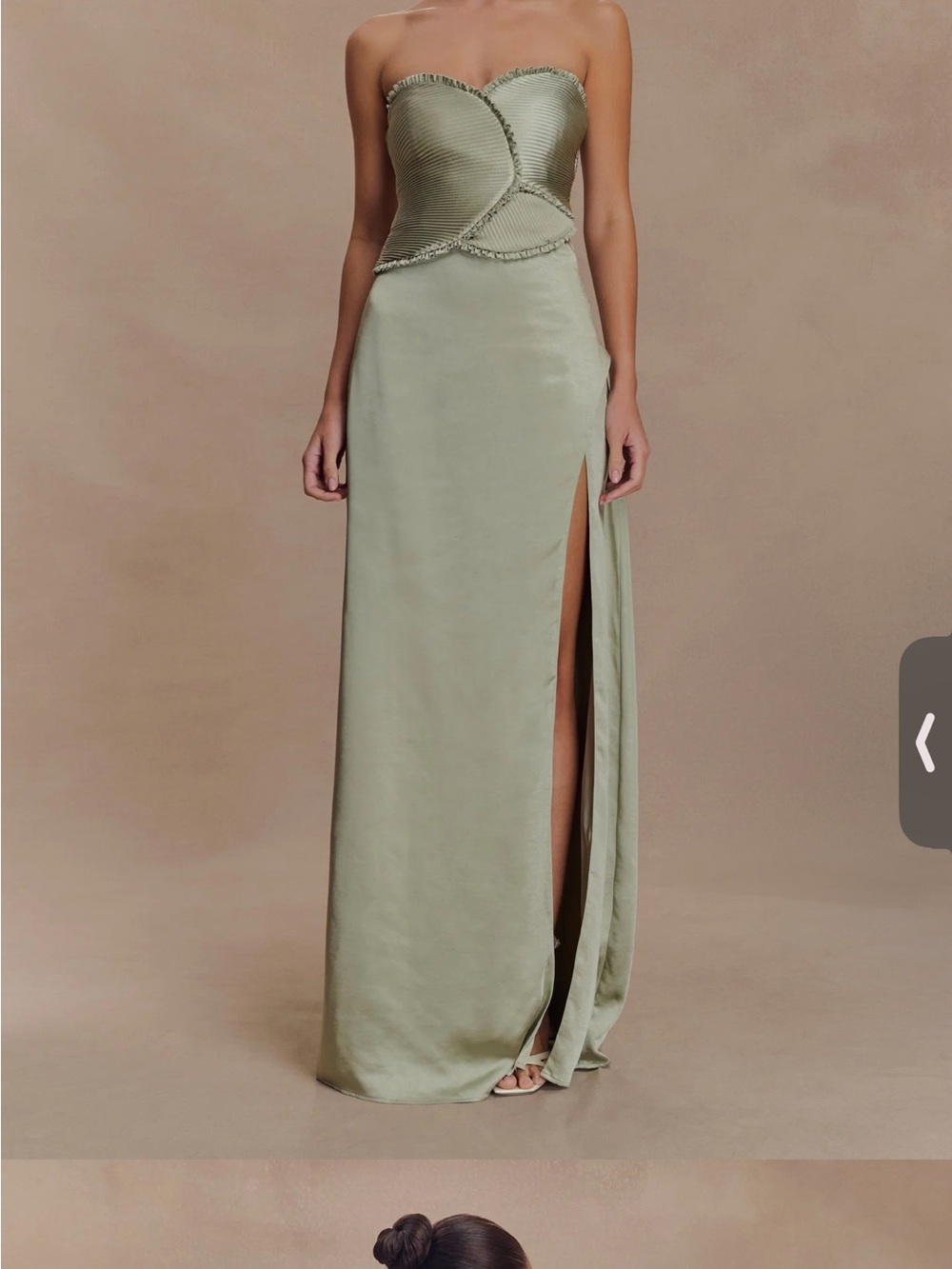 Meshki Strapless Sage Satin Maxi Skirt with High Side Slit
